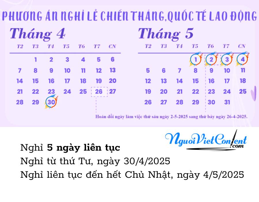 lịch nghỉ lễ 30-4 1-5-2025